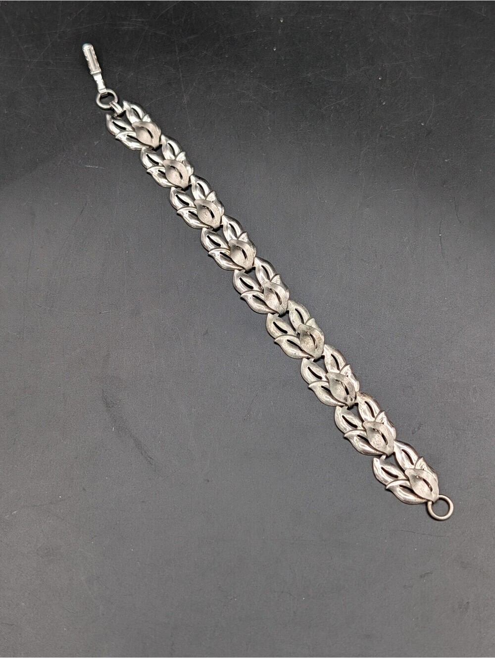 Vintage Beau Sterling Silver Leaf Link Bracelet Mid Century Modern Botanical 7"